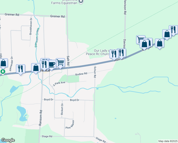map of restaurants, bars, coffee shops, grocery stores, and more near 10860 Bodine Road in Clarence