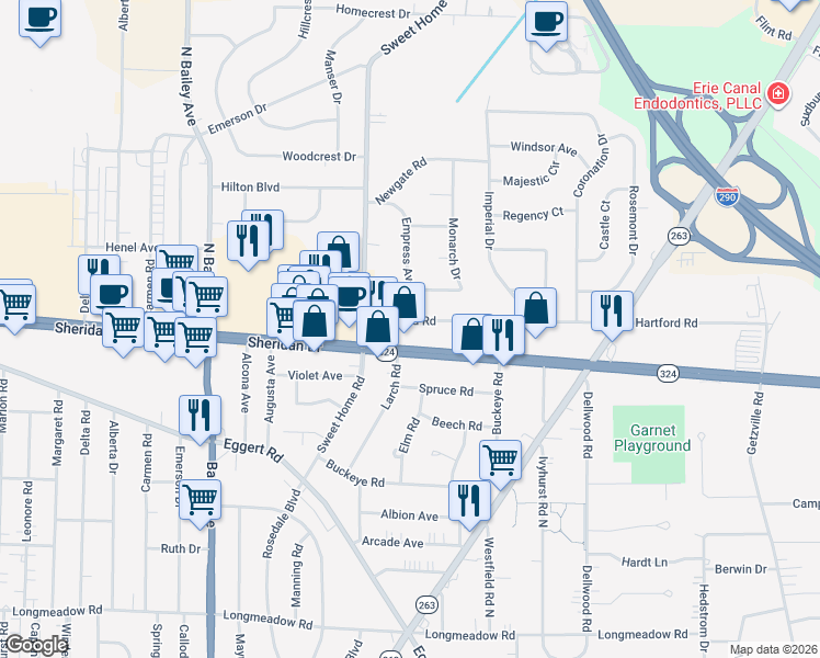 map of restaurants, bars, coffee shops, grocery stores, and more near 66 Hartford Road in Buffalo