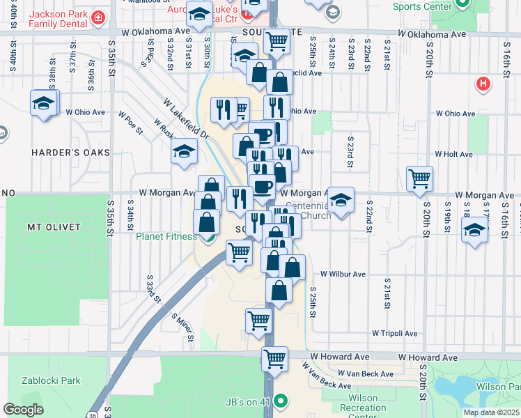map of restaurants, bars, coffee shops, grocery stores, and more near 2801 West Morgan Avenue in Milwaukee