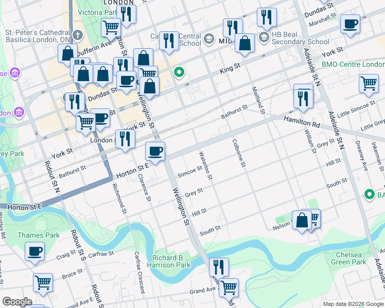 map of restaurants, bars, coffee shops, grocery stores, and more near 323 Horton Street East in London