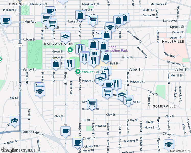 map of restaurants, bars, coffee shops, grocery stores, and more near 281 Lincoln Street in Manchester
