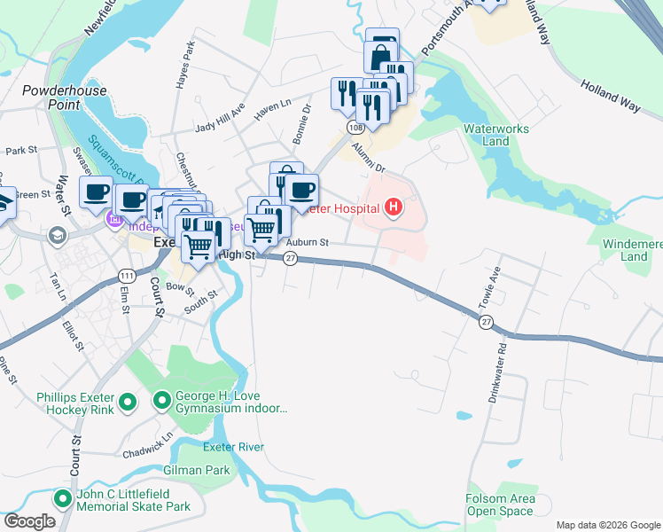 map of restaurants, bars, coffee shops, grocery stores, and more near 72 High Street in Exeter