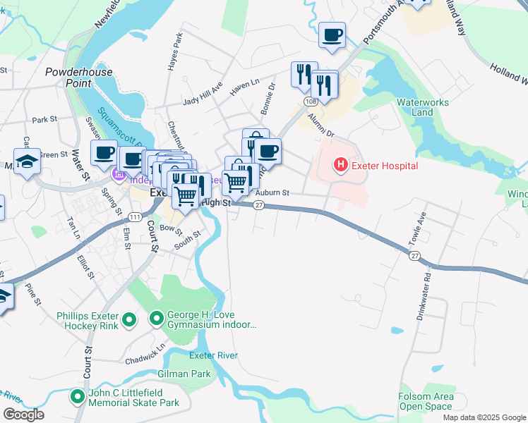 map of restaurants, bars, coffee shops, grocery stores, and more near 60 High Street in Exeter