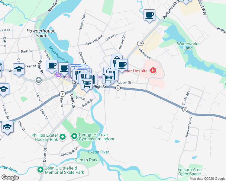 map of restaurants, bars, coffee shops, grocery stores, and more near 50 High Street in Exeter