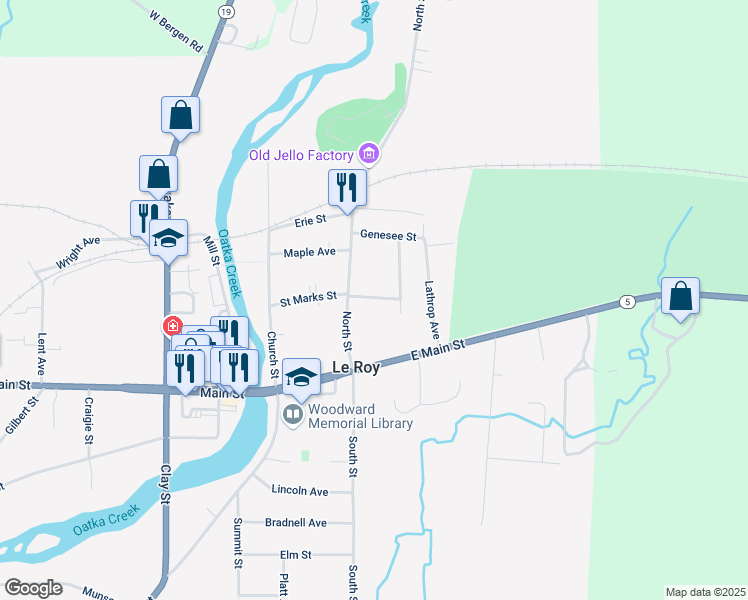map of restaurants, bars, coffee shops, grocery stores, and more near 26 North Street in Le Roy