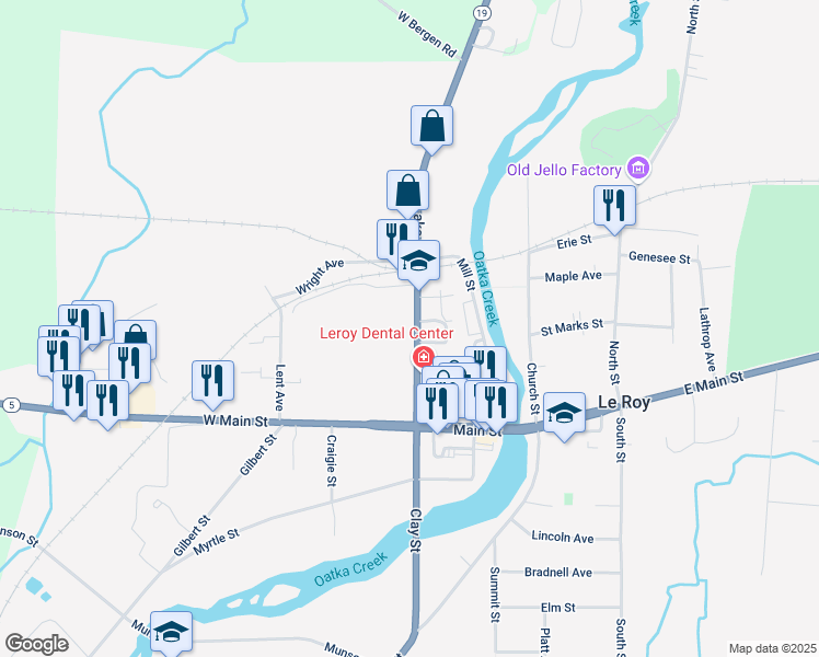 map of restaurants, bars, coffee shops, grocery stores, and more near 47 Lake Street in Le Roy