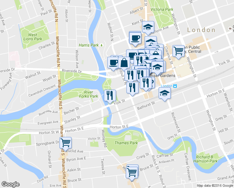map of restaurants, bars, coffee shops, grocery stores, and more near 331 Thames Street in London