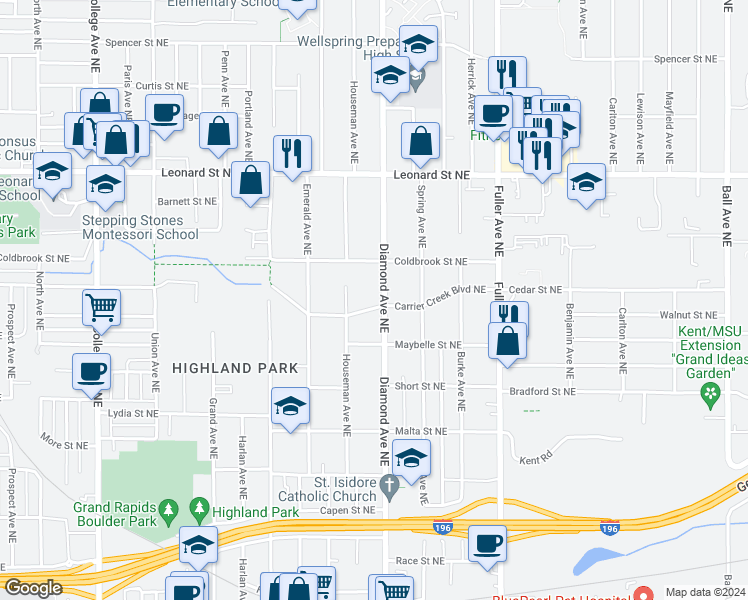 map of restaurants, bars, coffee shops, grocery stores, and more near 1007 Diamond Avenue Northeast in Grand Rapids