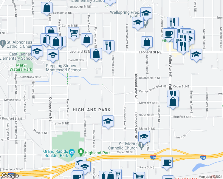 map of restaurants, bars, coffee shops, grocery stores, and more near 1005 Emerald Avenue Northeast in Grand Rapids