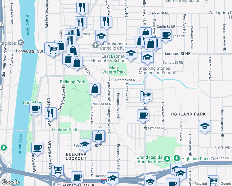 map of restaurants, bars, coffee shops, grocery stores, and more near 342 Cedar Street Northeast in Grand Rapids