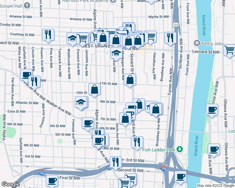 map of restaurants, bars, coffee shops, grocery stores, and more near 945 Muskegon Avenue Northwest in Grand Rapids