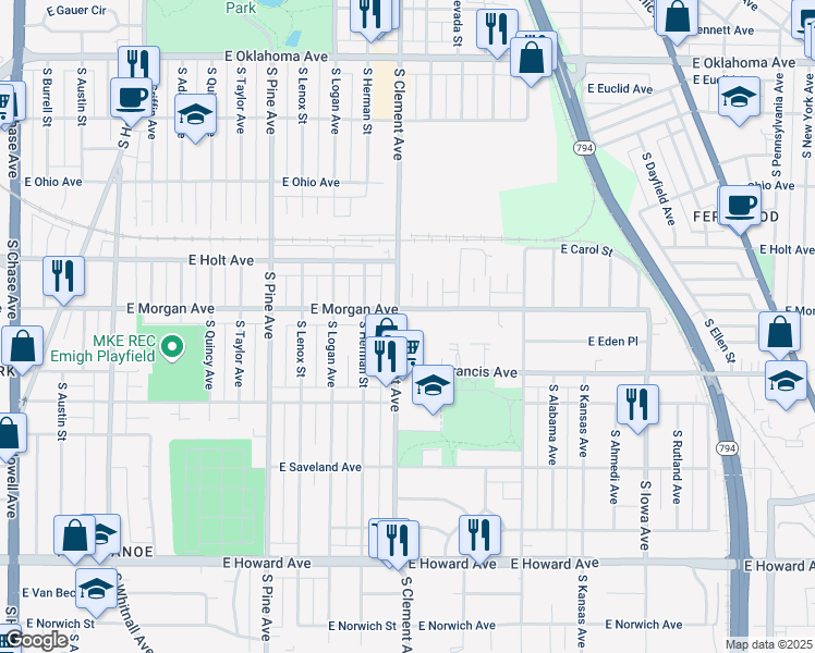 map of restaurants, bars, coffee shops, grocery stores, and more near 3500 South Clement Avenue in Milwaukee
