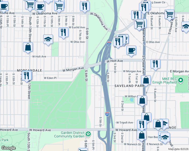 map of restaurants, bars, coffee shops, grocery stores, and more near South 5th Place in Milwaukee