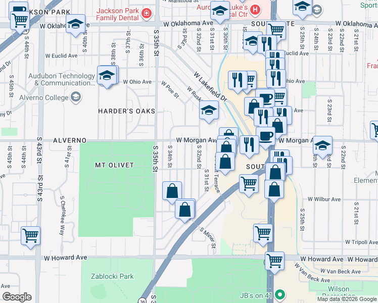 map of restaurants, bars, coffee shops, grocery stores, and more near 3233 West Morgan Avenue in Milwaukee