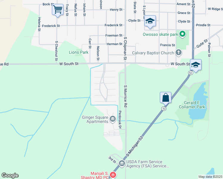 map of restaurants, bars, coffee shops, grocery stores, and more near 1304 Chatham Street in Owosso