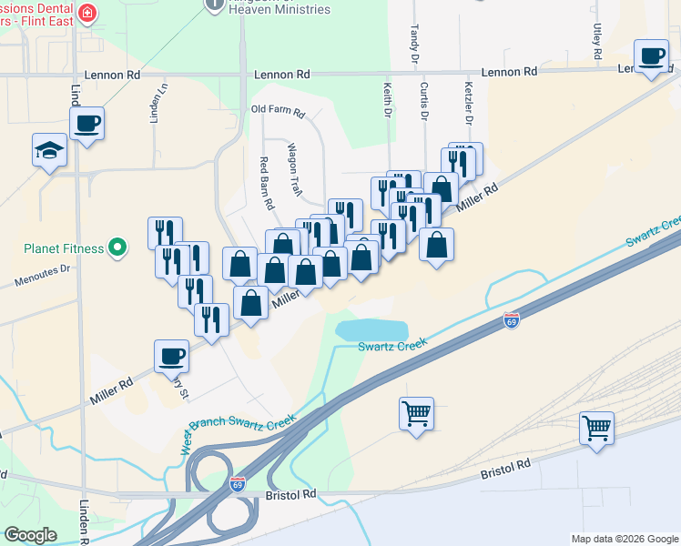 map of restaurants, bars, coffee shops, grocery stores, and more near 4230 Miller Road in Flint