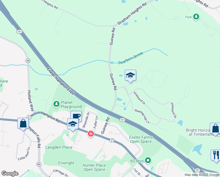 map of restaurants, bars, coffee shops, grocery stores, and more near 42 Guinea Road in Exeter