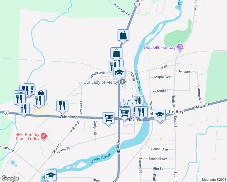 map of restaurants, bars, coffee shops, grocery stores, and more near 47 Lake Street in Le Roy
