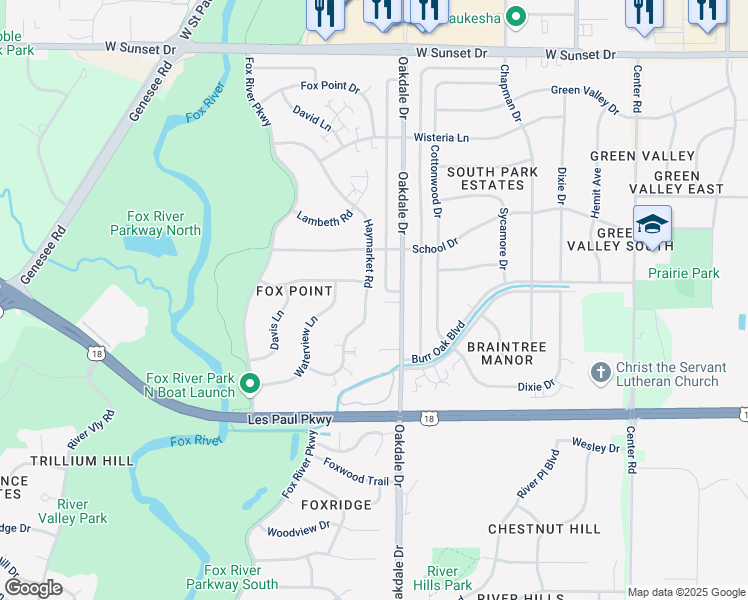 map of restaurants, bars, coffee shops, grocery stores, and more near 1823 Haymarket Road in Waukesha