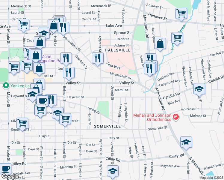 map of restaurants, bars, coffee shops, grocery stores, and more near 275 Jewett Street in Manchester