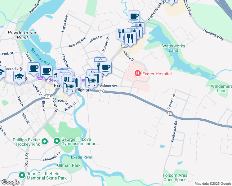 map of restaurants, bars, coffee shops, grocery stores, and more near 72 High Street in Exeter