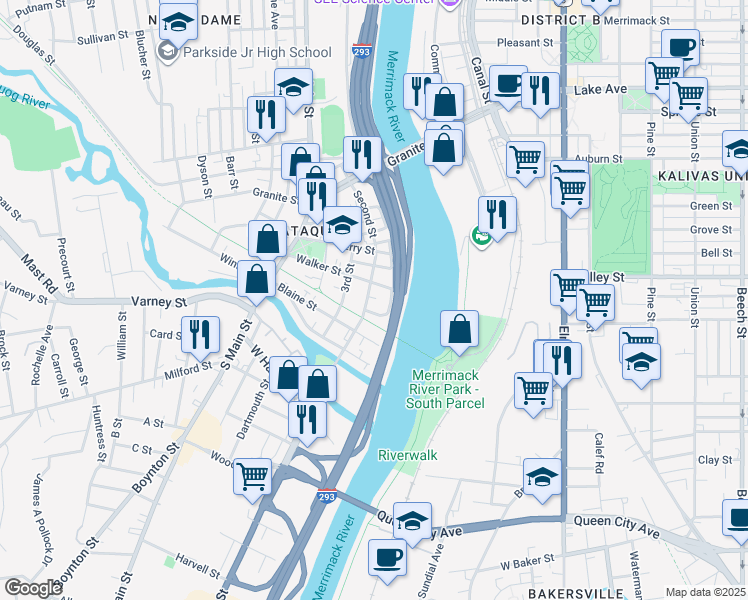 map of restaurants, bars, coffee shops, grocery stores, and more near 215 Turner Street in Manchester