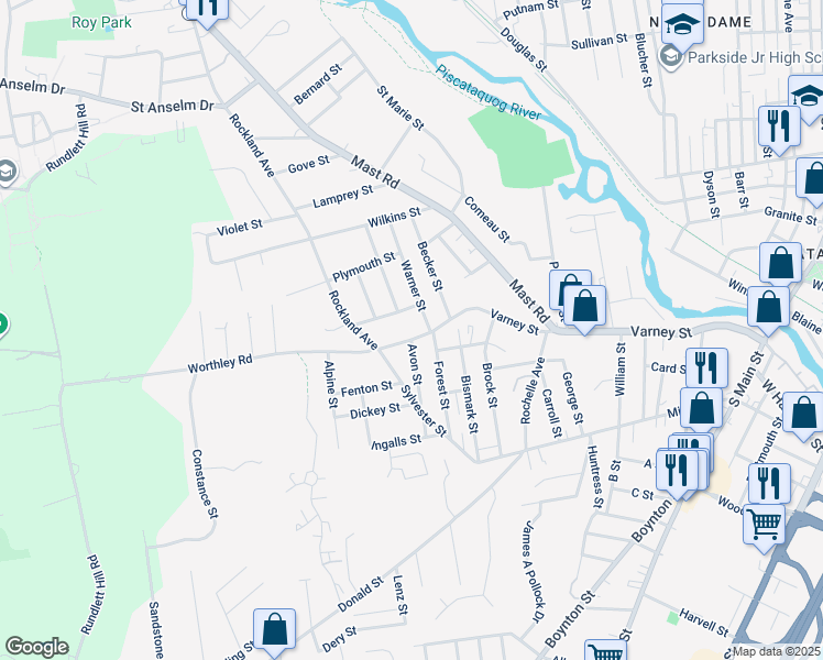 map of restaurants, bars, coffee shops, grocery stores, and more near 36 Warner Street in Manchester
