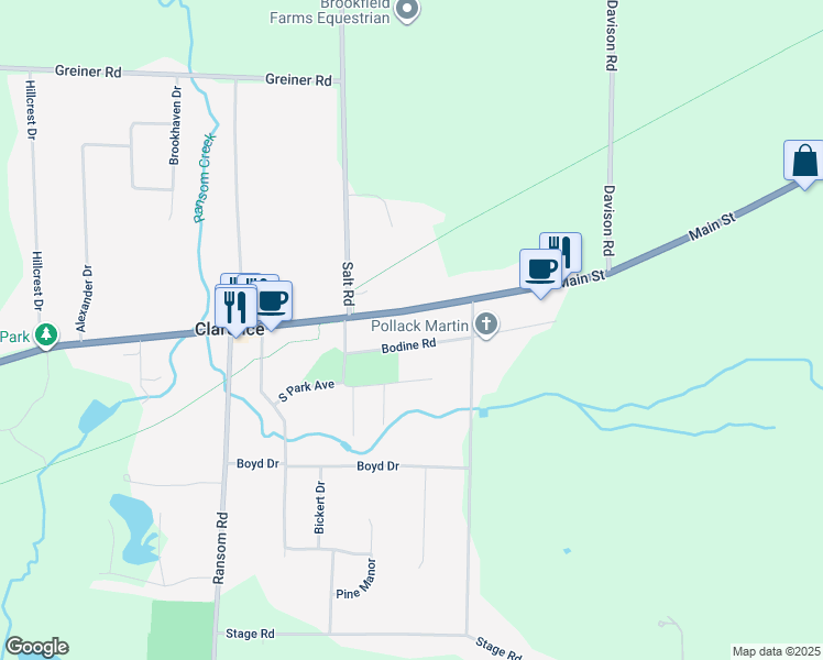 map of restaurants, bars, coffee shops, grocery stores, and more near 10821 Main Street in Clarence