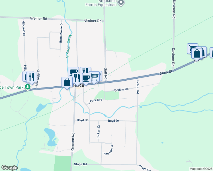map of restaurants, bars, coffee shops, grocery stores, and more near 10782 Main Street in Clarence
