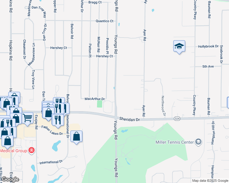 map of restaurants, bars, coffee shops, grocery stores, and more near 701 Youngs Road in Buffalo
