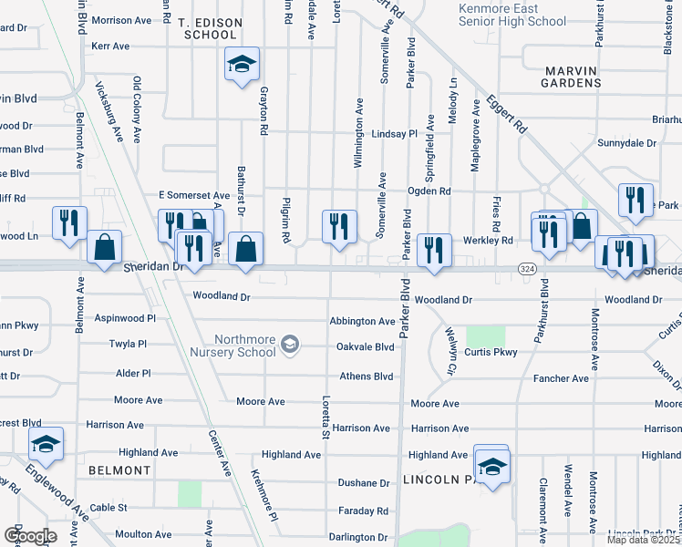 map of restaurants, bars, coffee shops, grocery stores, and more near 2540 Sheridan Drive in Tonawanda