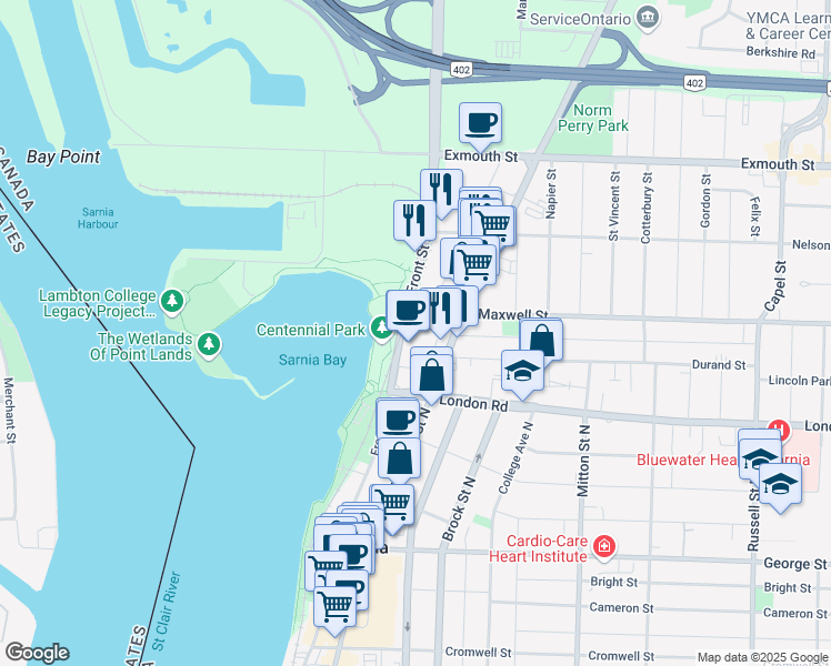 map of restaurants, bars, coffee shops, grocery stores, and more near 2 Water Street in Sarnia