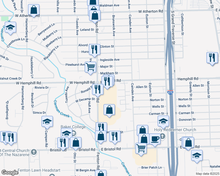 map of restaurants, bars, coffee shops, grocery stores, and more near in Flint