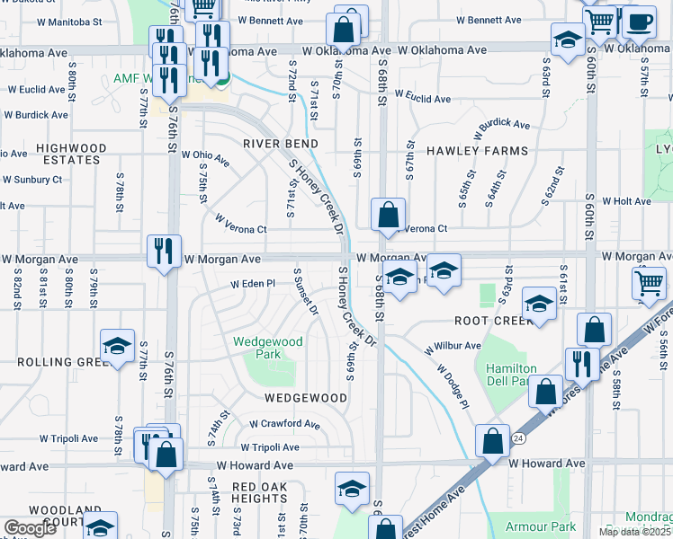 map of restaurants, bars, coffee shops, grocery stores, and more near 6927 West Morgan Avenue in Milwaukee