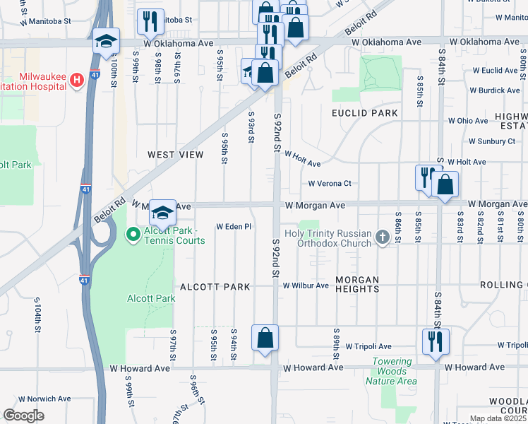 map of restaurants, bars, coffee shops, grocery stores, and more near 9240 West Morgan Avenue in Milwaukee