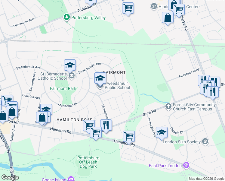 map of restaurants, bars, coffee shops, grocery stores, and more near 332 Tweedsmuir Avenue in London