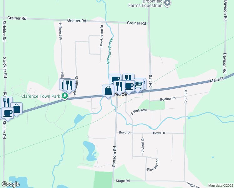 map of restaurants, bars, coffee shops, grocery stores, and more near in Clarence