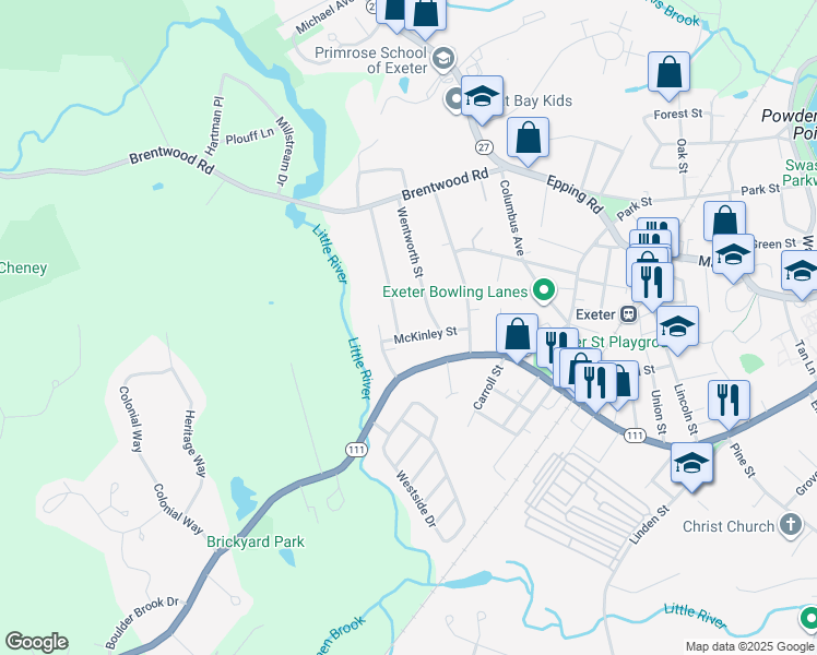 map of restaurants, bars, coffee shops, grocery stores, and more near 2 Crestview Drive in Exeter