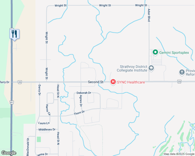 map of restaurants, bars, coffee shops, grocery stores, and more near 239 Rushby Street in Strathroy