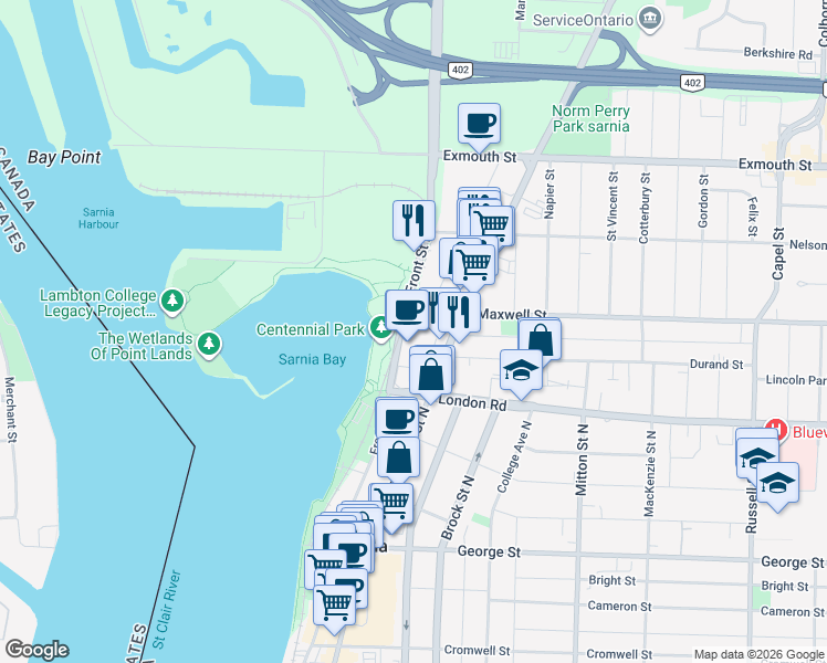 map of restaurants, bars, coffee shops, grocery stores, and more near 131 Maxwell Street in Sarnia