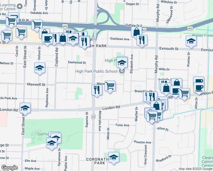 map of restaurants, bars, coffee shops, grocery stores, and more near 667 Stacy Court in Sarnia