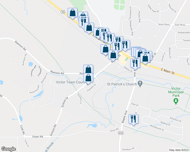 map of restaurants, bars, coffee shops, grocery stores, and more near School Street & Framark Drive in Victor