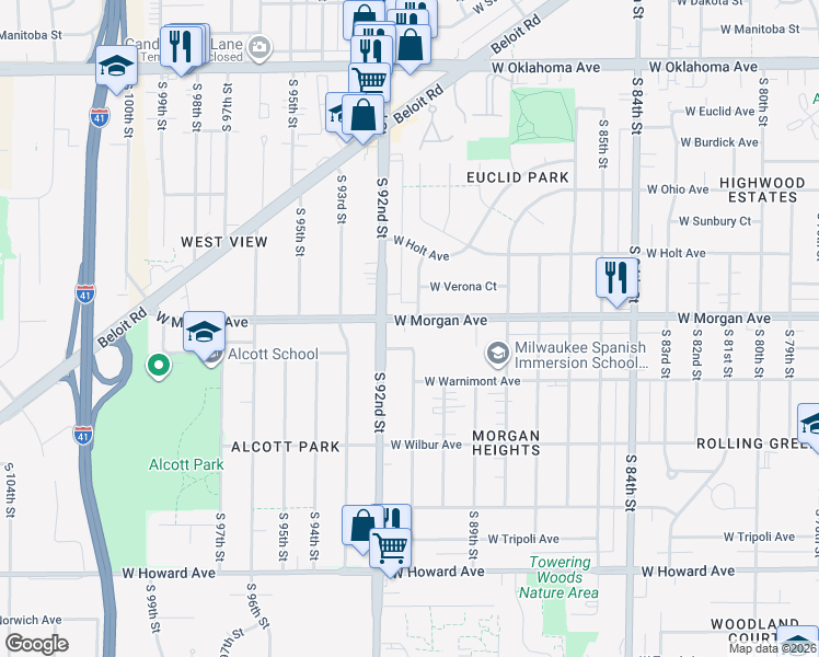 map of restaurants, bars, coffee shops, grocery stores, and more near 9101 West Morgan Avenue in Milwaukee