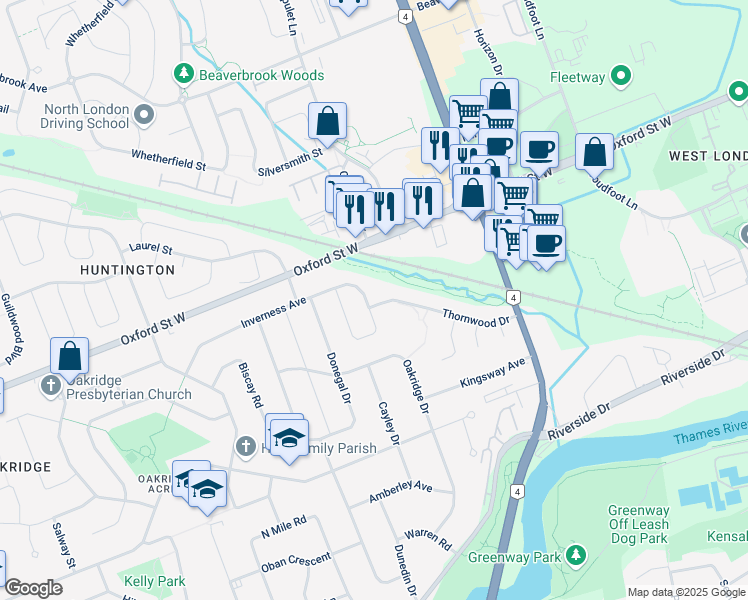 map of restaurants, bars, coffee shops, grocery stores, and more near 601 Inverness Avenue in London