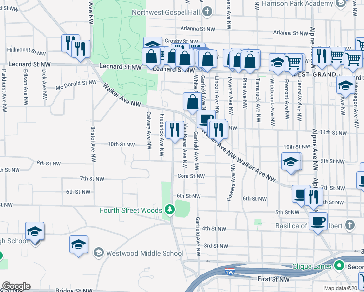 map of restaurants, bars, coffee shops, grocery stores, and more near 933 Van Buren Avenue Northwest in Grand Rapids