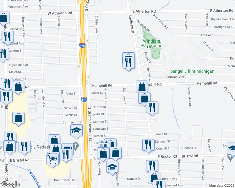 map of restaurants, bars, coffee shops, grocery stores, and more near 1410 Allen Street in Burton