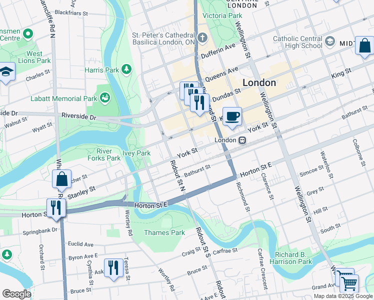 map of restaurants, bars, coffee shops, grocery stores, and more near 71 King Street in London