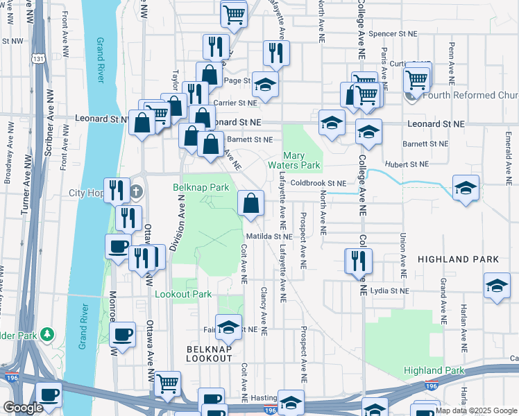 map of restaurants, bars, coffee shops, grocery stores, and more near 1005 Clancy Avenue Northeast in Grand Rapids