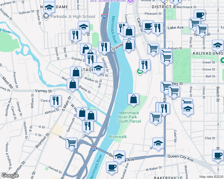 map of restaurants, bars, coffee shops, grocery stores, and more near 215 Turner Street in Manchester