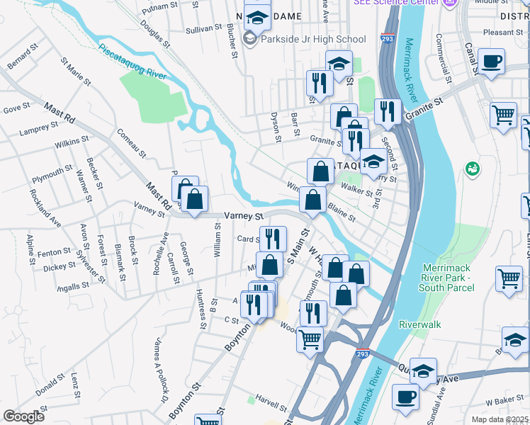 map of restaurants, bars, coffee shops, grocery stores, and more near 121 Varney Street in Manchester